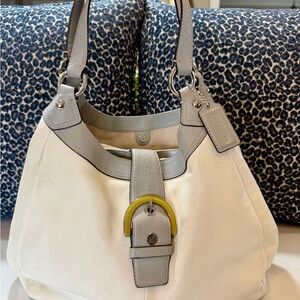 Coach Cream Canvas Hobo with Light Gray Leather Trim and Yellow Accent